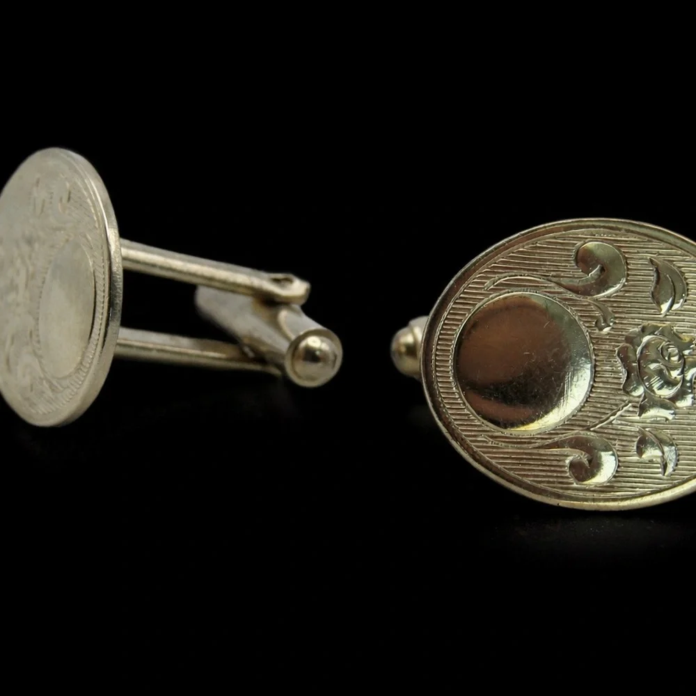 Vintage Rose Floral Etched Cufflinks Set of 3 Silver Tone Oval Engraved Prom